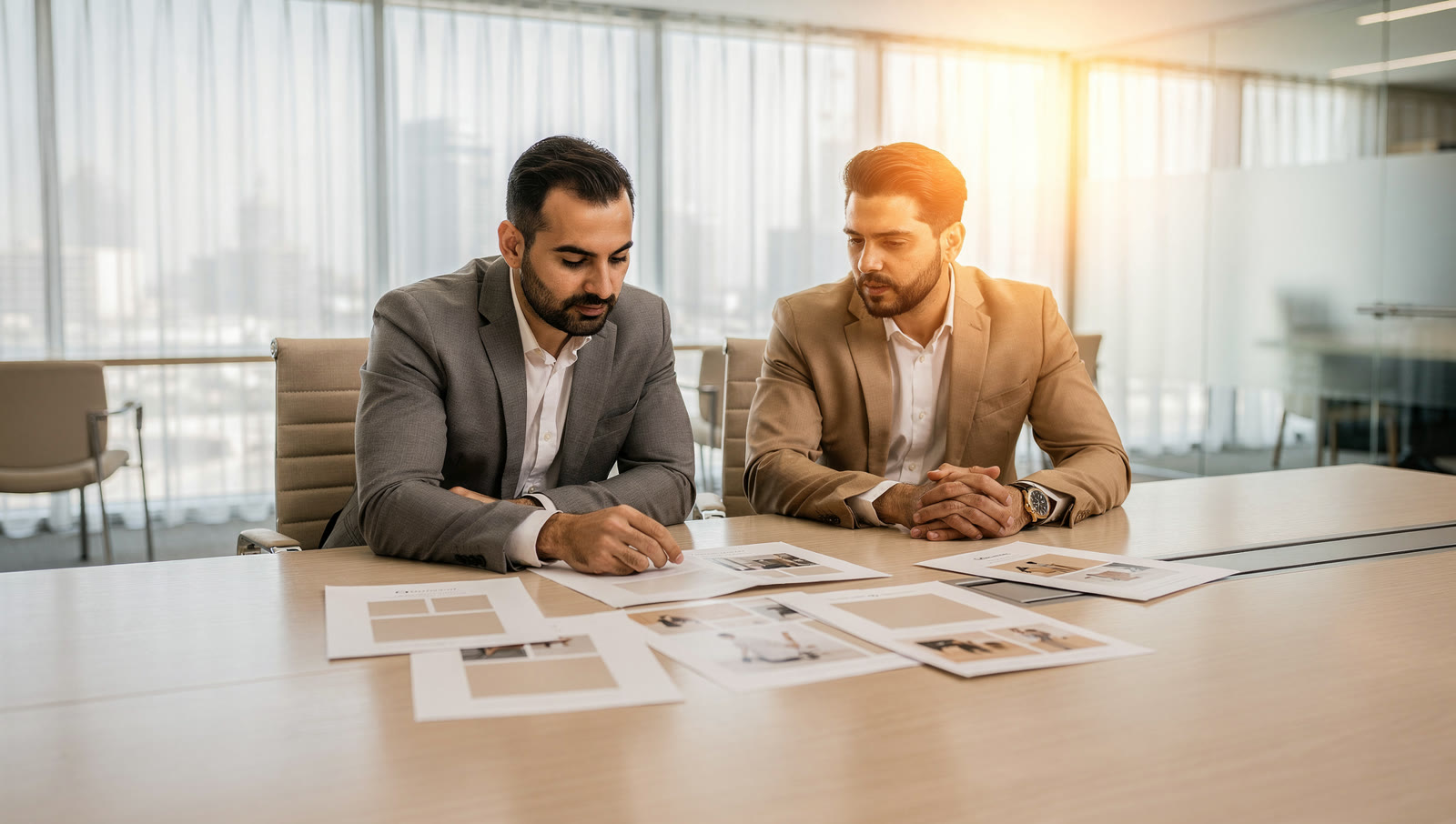 A Dubai business owner reviewing website portfolios with a designer in a bright modern office.