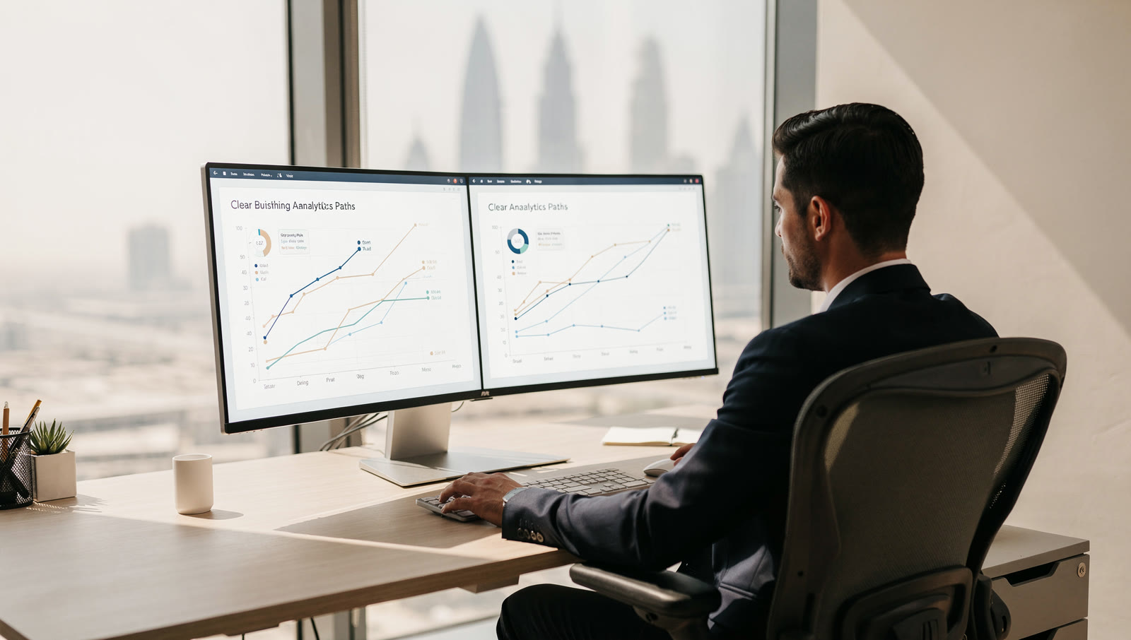 A Dubai professional comparing organic and paid search channels on a modern workspace monitor.
